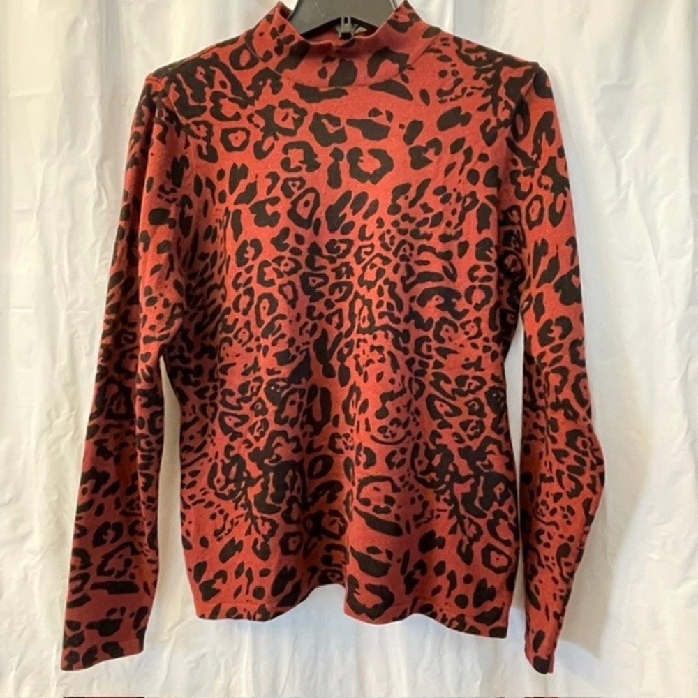 Venus Rust Brown & Black Leopard Animal Mock Neck Long Sleeve Sweater Sz L